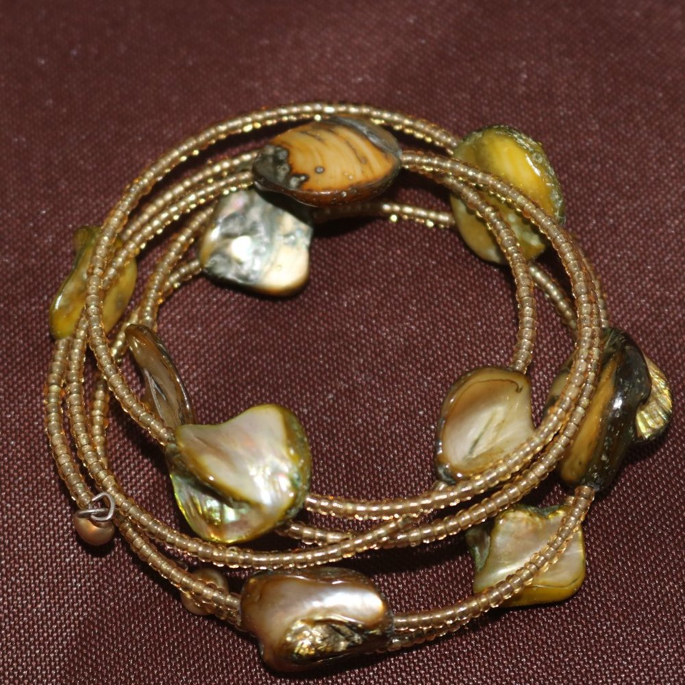 Women's Natural Agate and Bronze tone Wired Curly Wrap Bracelet